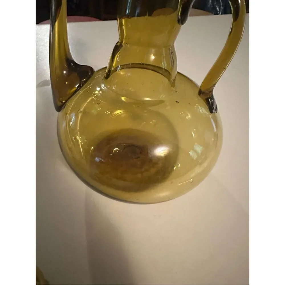 Vintage Cruet Side Spout Amber Glass Decanter  Pitcher Handblown & 2 Glasses MCM
